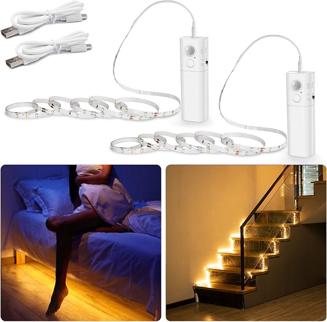 WOBANE Rechargeable Motion Sensor Light, 2*2m Battery Powered LED Strip Lights,Warm White LED Wardrobe Lights,Wireless Closet Light for Bed,Stair,Closet,Pantry,Counter,Cupboard,2700K,60 LEDs,2 Pack