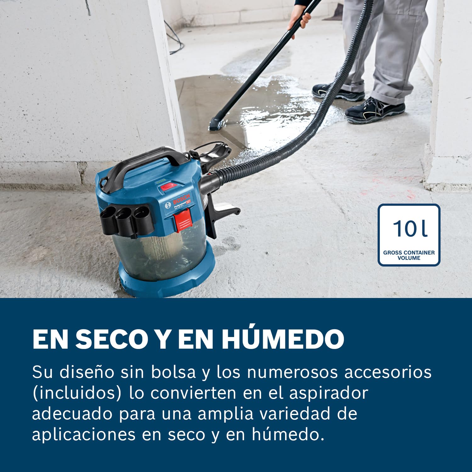 Bosch Professional 18V System Aspirador Industrial Gas 18V-10 L (Incl. Manguera de 1,6 m, 3 Tubos de prolongación, en Caja de cartón, sin batería/Cargador)