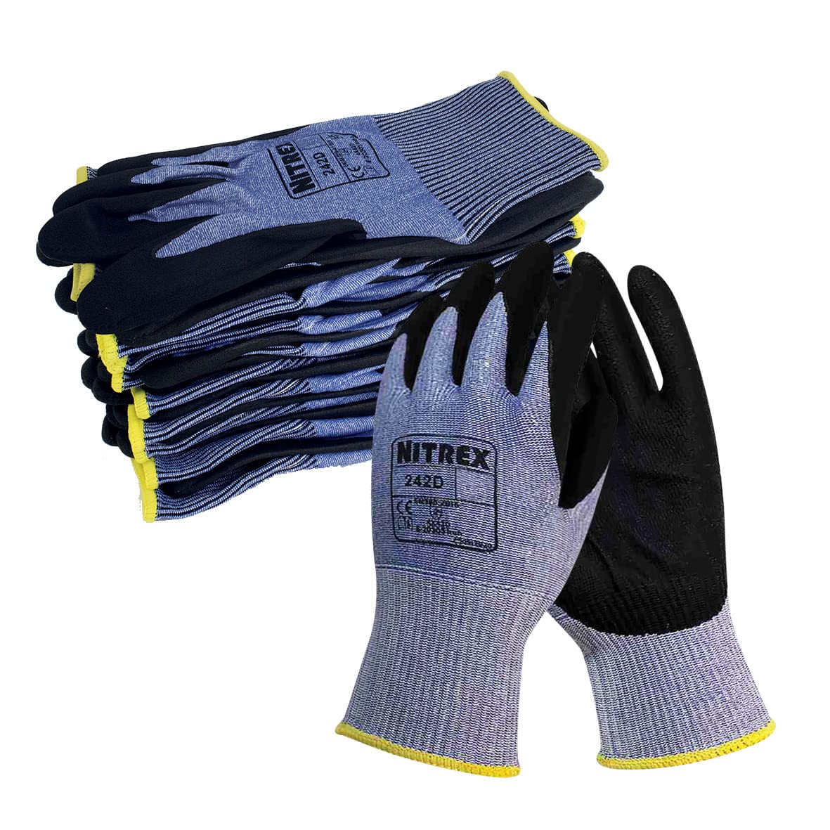 Nitrex 242D Work and Safety Gloves, Bag of 10 works, Size 6 - D Rated Cut Resistant Gloves with PU Nitrile Palm Coating