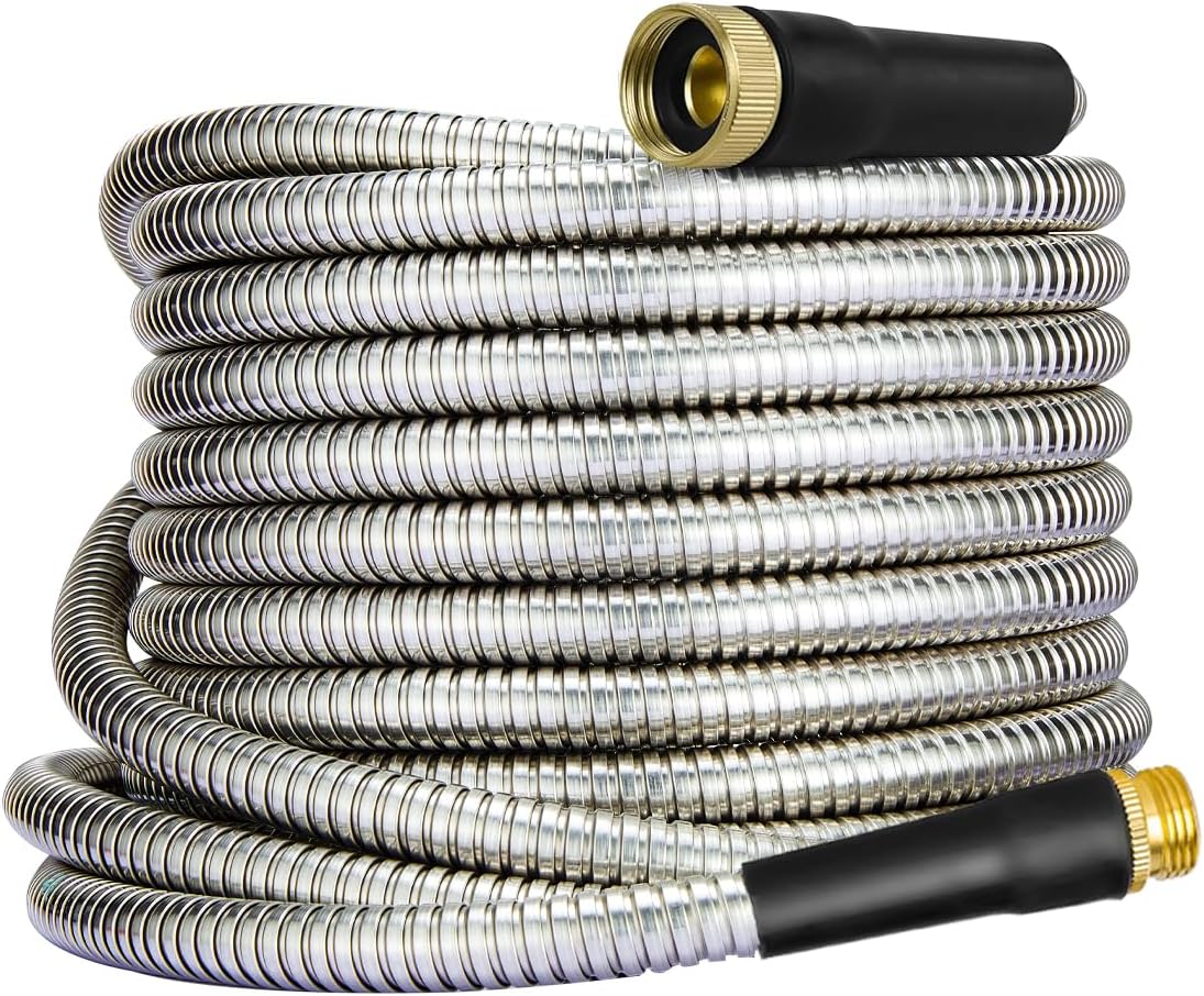 Metal Garden Hose 25FT, 304 Stainless Steel Garden Hoses 34 Fittings