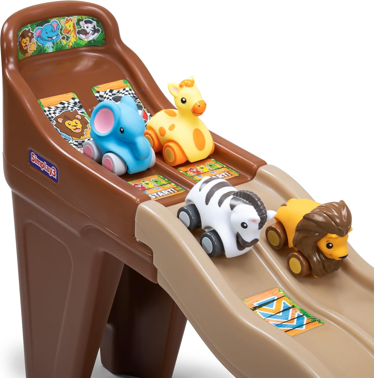 Simplay3 Safari Adventure Race Track, Dual Lane Toddler Racetrack, Car Ramp Toy for Indoor or Outdoor Play, 4 Toy Animal Cars Included, Made in USA