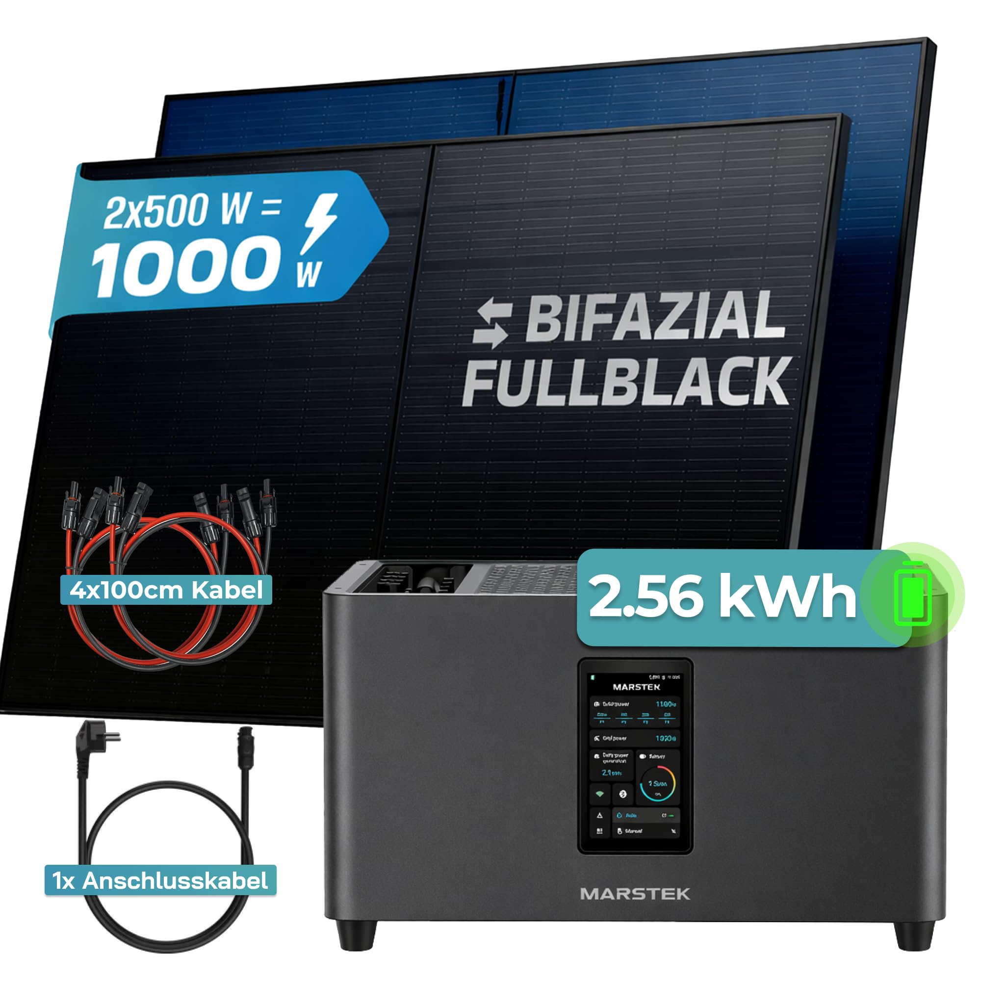 SUNNIVA® 1000W Balkonkraftwerk mit 2,56 kWh Speicher MARSTEK Jupiter C + Plus, BIFAZIAL FULLBLACK komplett Steckdose, PV Solaranlage Komplettset mit Solarspeicher, 2x 500W N-Type Glas Bifacial PV