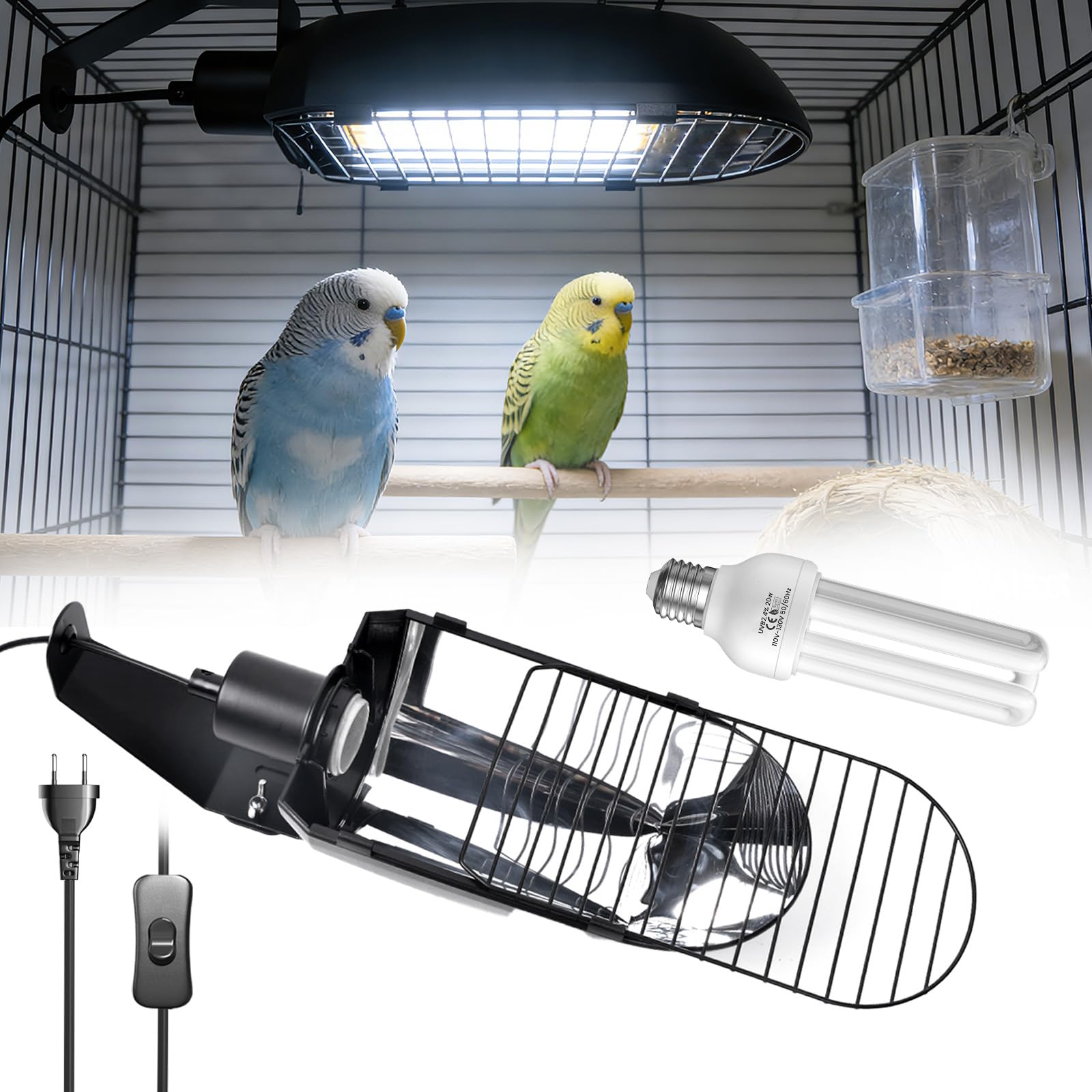 GlowUp Lampadine UVB 2.4 per Pappagalli Kit Combinato, Portalampada E27 con lampadina UVB 20W E27 per Uccelli