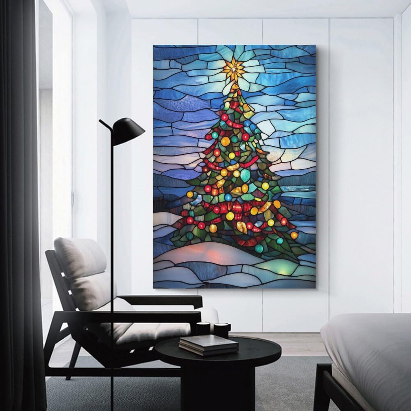 Junmoney Unframe-Stained Glass Christmas Tree Stained Glass Christmas Tree Wall Picture Print, 24X36inch(60X90cm), For Workspace Walls, Study Corners Or Bedrooms, Wall Art That Adds Style To Work Areas
