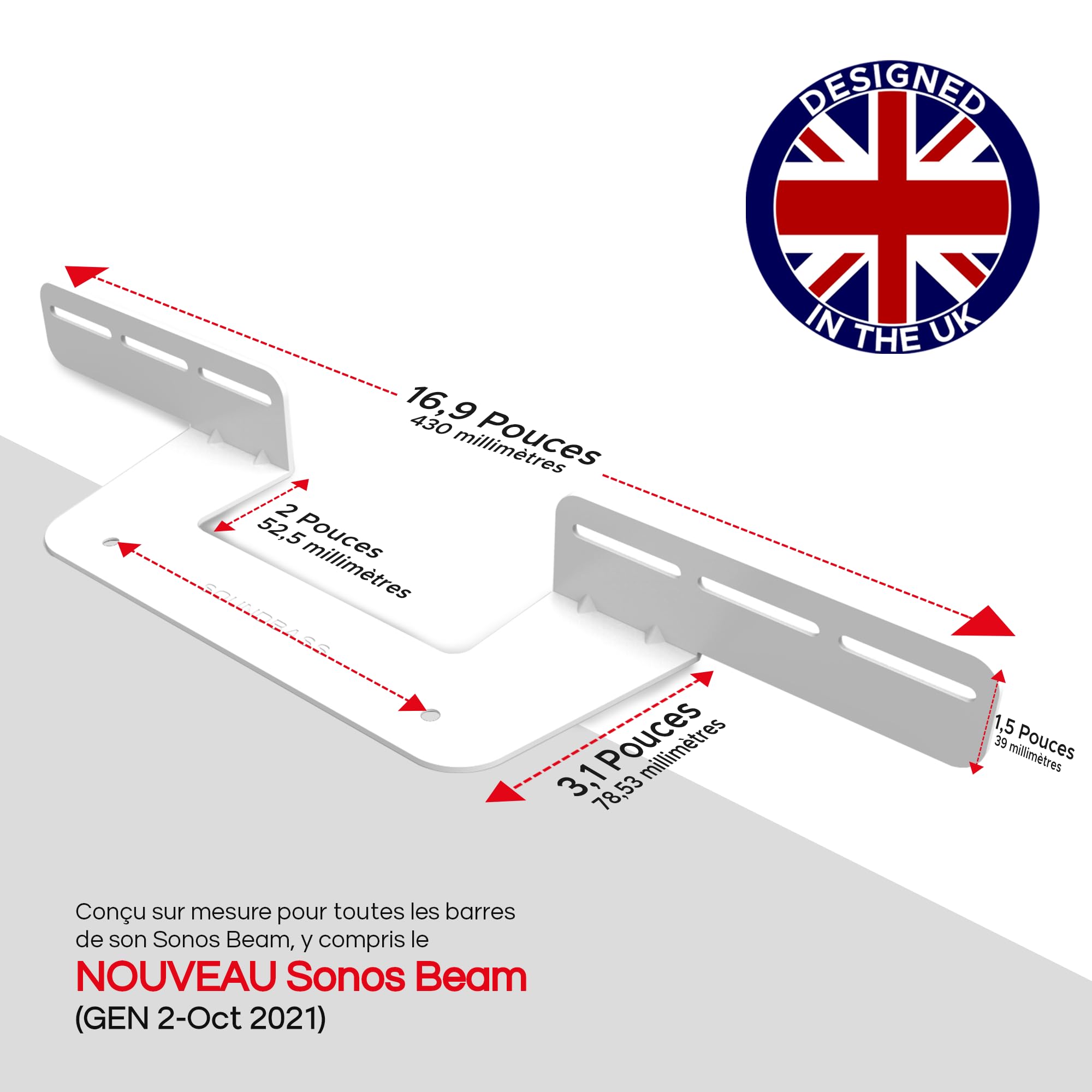Sound bass Support de Barre de Son pour Sonos Beam Compatible avec la Barre de Son Sonos Beam générations 1 et 2 Comprenant Tout Le matériel de Montage nécessaire, Support de Montage, Blanc