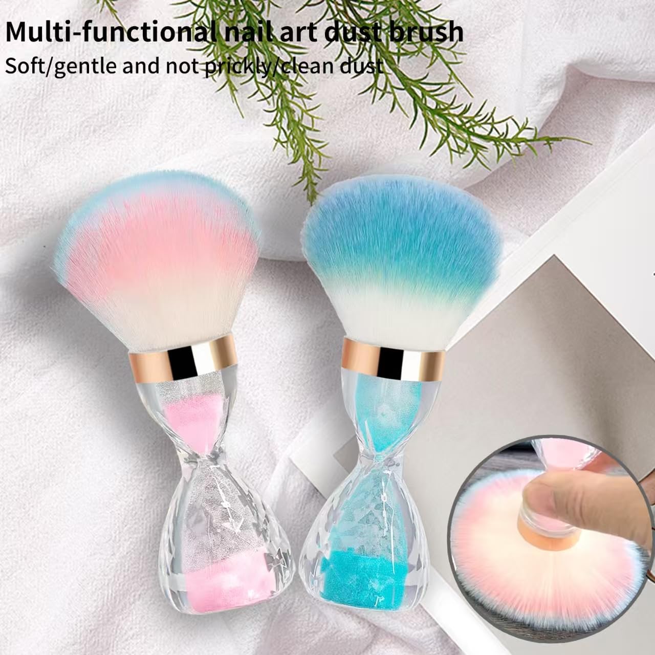 Nail Dust Brush, Gradient Pink Fluffy Bristle Nail Cleaning Brush with Hourglass Quicksand Handle, Nail Glitter Powder Remover Brush for Salon & Home DIY Manicure