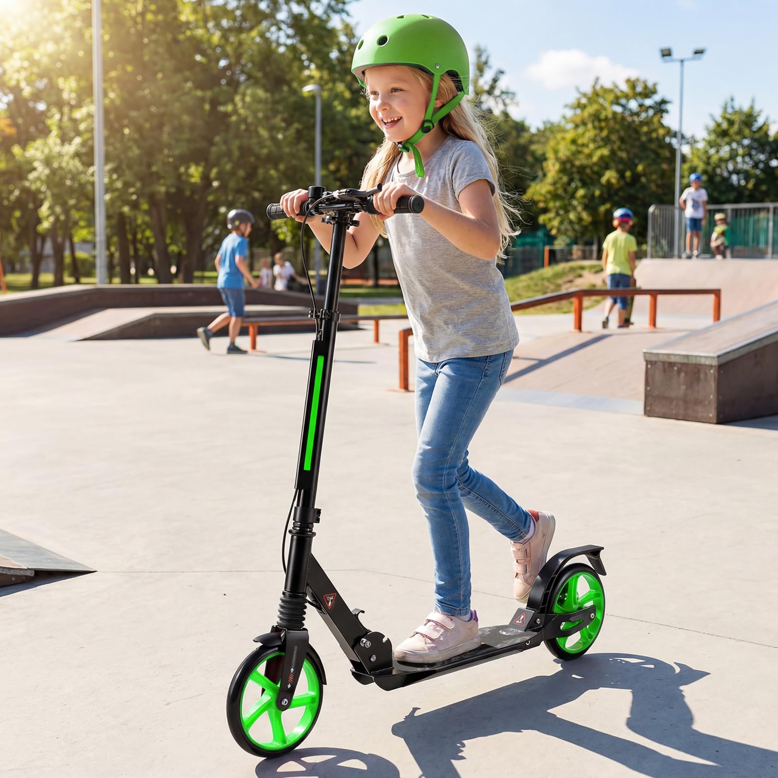 COSTWAY Monopattino Bambini e Adulti, Monopattino a Spinta Pieghevole e Regolabile in 3 Altezze, Monopattino Portatile con 2 Ruote, Cavalletto, Freno e Pedale Antiscivolo, Portata 100 kg