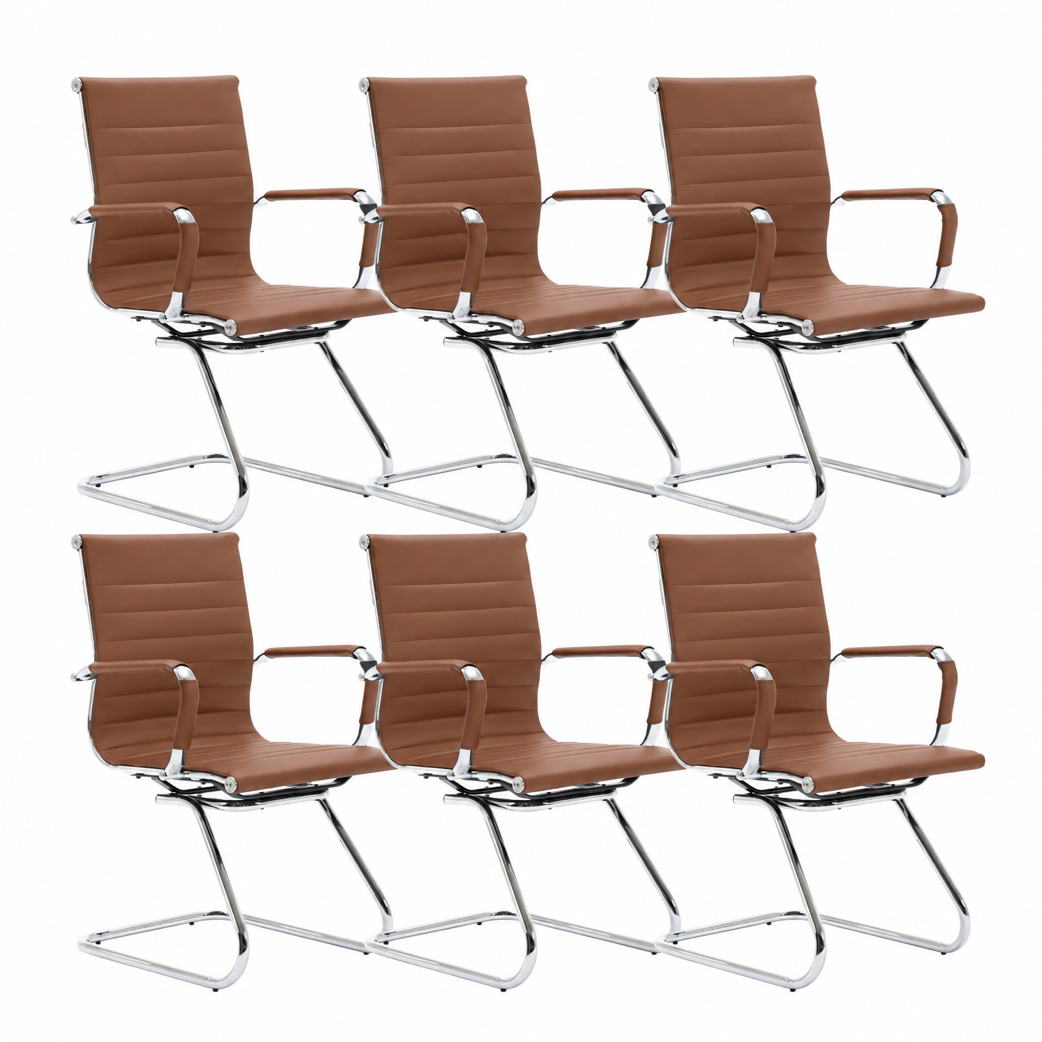 HNY Office Guest Chairs Set of 6, Leather Reception Chairs, Mid Back Waiting Room Chair, Conference Chairs with Sled Base, Desk Chair No Wheels for Meeting/Lobby/Restroom, Coffee