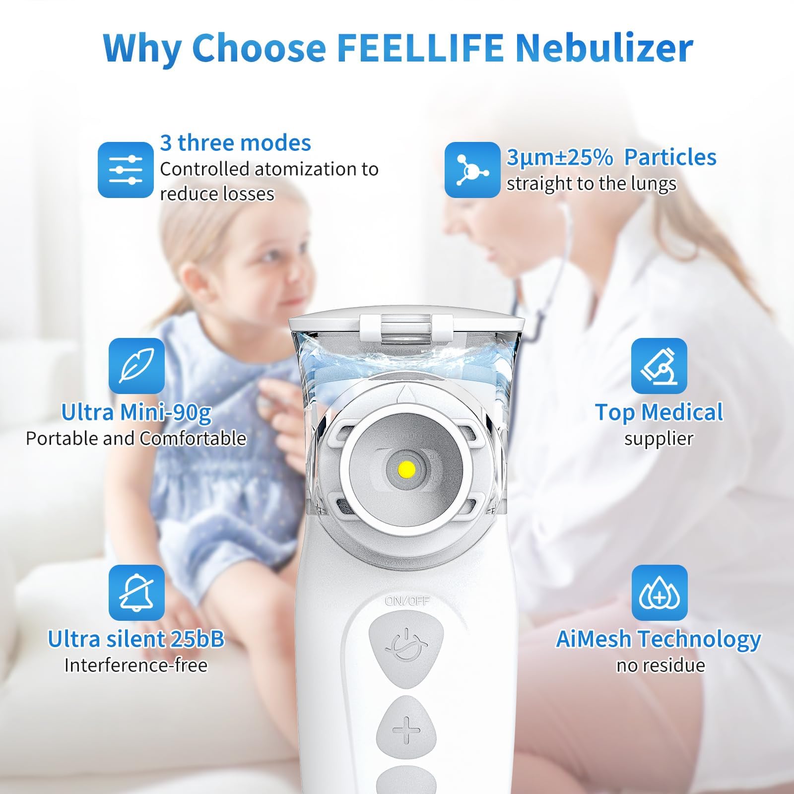 FEELLIFE Aerosol Portatile Silenzioso Typc-C Ricaricabile, Aerosol per Adulti e Bambini Velocità di Nebulizzazione Regolabile Meno Residui, Aerosol per Alleviare Tosse, Rinite e Sintomi Respiratori