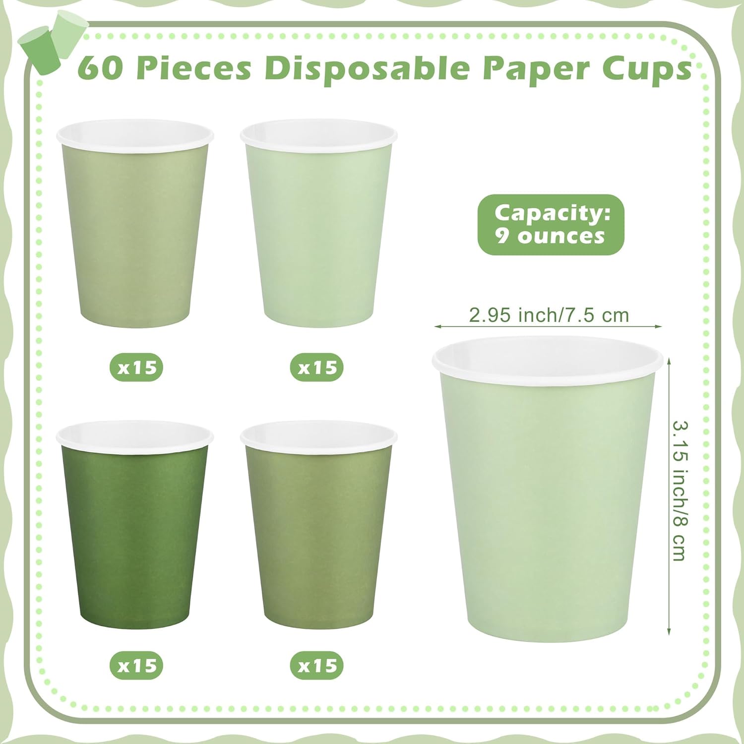 URATOT 60 Pieces 9 Ounce Sage Green Paper Cups Gradient Color Disposable Coffee Cups Party Cups Beverage Drinking Cups for Party, DIY and Holiday Party Supplies - Image 2