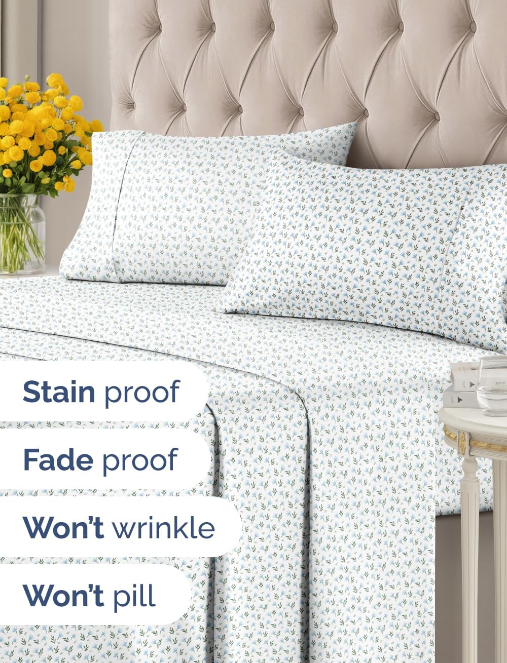 Floral Sheets - Flower Print Bed Sheet Set - 1 Flat, 1 Fitted & 2 Pillowcases w/ Deep Pockets - Comfy, Cozy, Wrinkle & Fade Free - Boho Botanical Bedding - Soft, Breathable & Cooling - King Size Set - Image 6