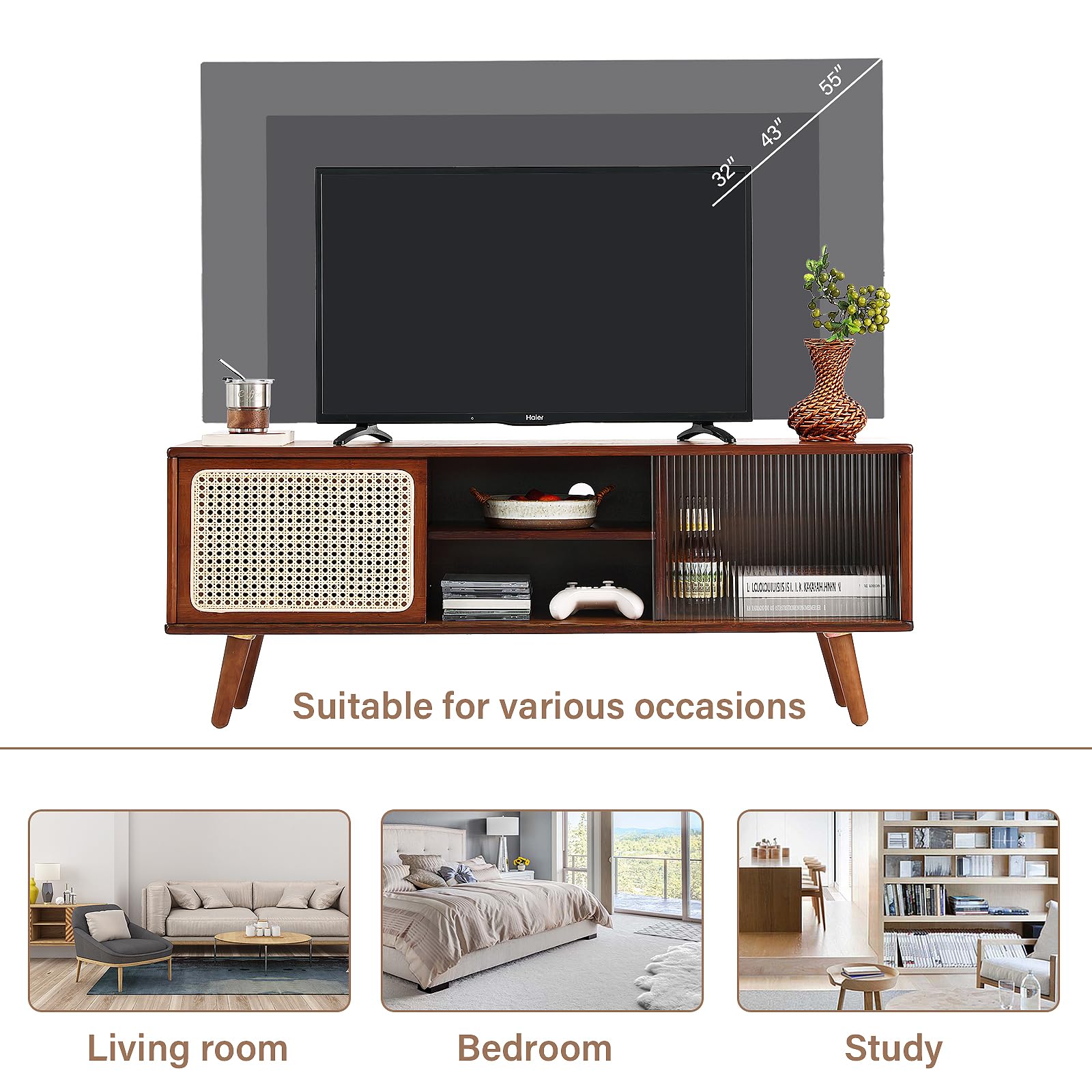 Soporte de TV de ratán para TV de 55 pulgadas, gabinete de TV de bambú con estante ajustable y almacenamiento, centro de entretenimiento bohemio, consola multimedia moderna de mediados de siglo 5
