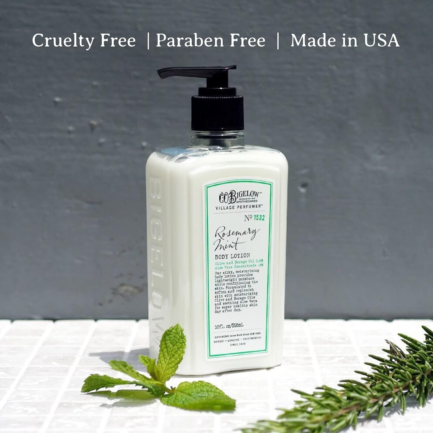 C.O. Bigelow Rosemary Mint Body Lotion, Village Perfumer Moisturizing Body Lotion with Aloe Vera, Borage Oil & Olive Oil, 10 Fl Oz