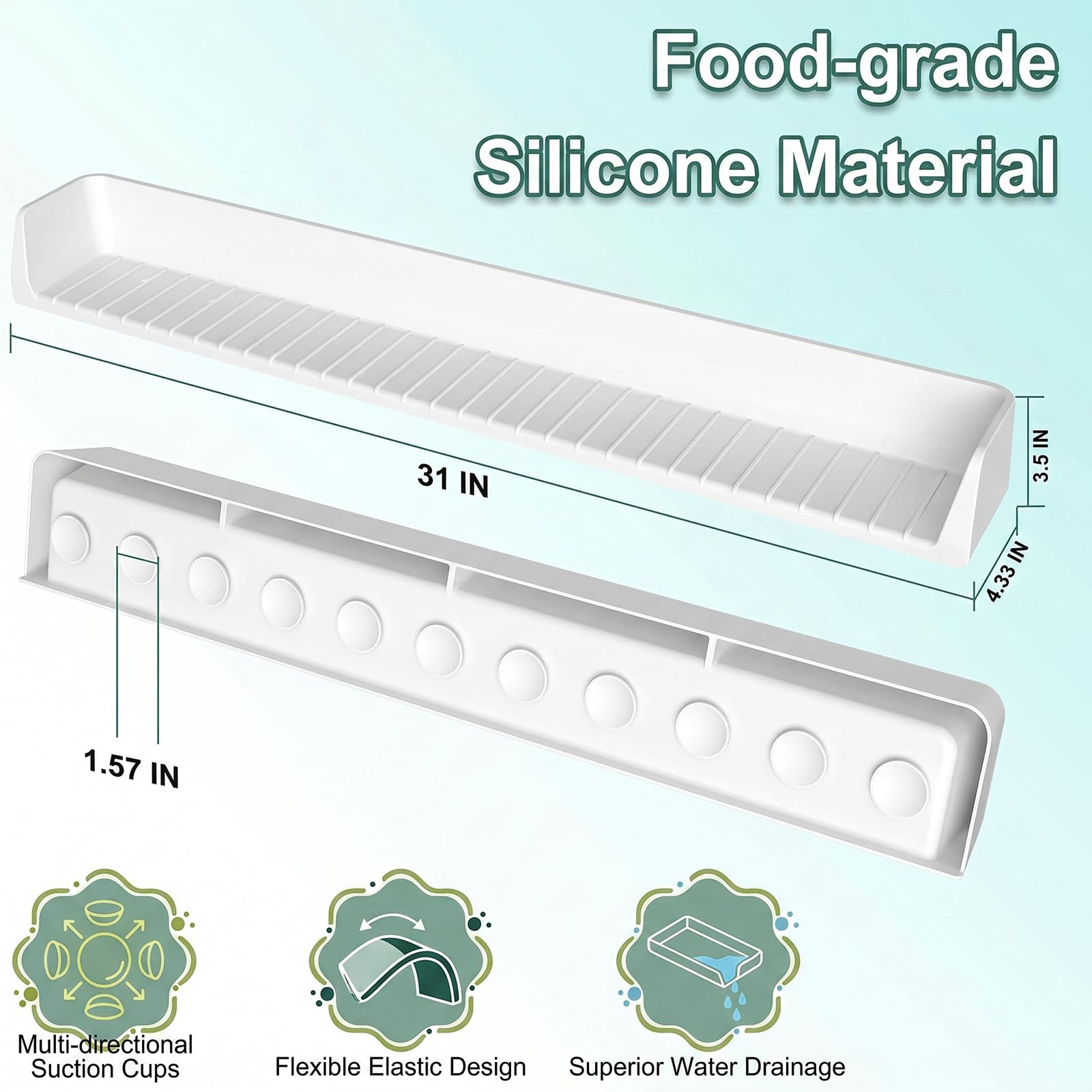 Sizobi Vasca da bagno in silicone bianco da 2,6 m, con forti ventose, vassoio portaoggetti per giocattoli sopra la vasca, previene fuoriuscite d'acqua e pavimenti disordinati, protezione per bordi