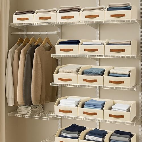 Miniatura 6 de Contenedores de almacenamiento de tela para organizar, paquete de 6 cajas de almacenamiento grandes trapezoidales plegables con asa frontal