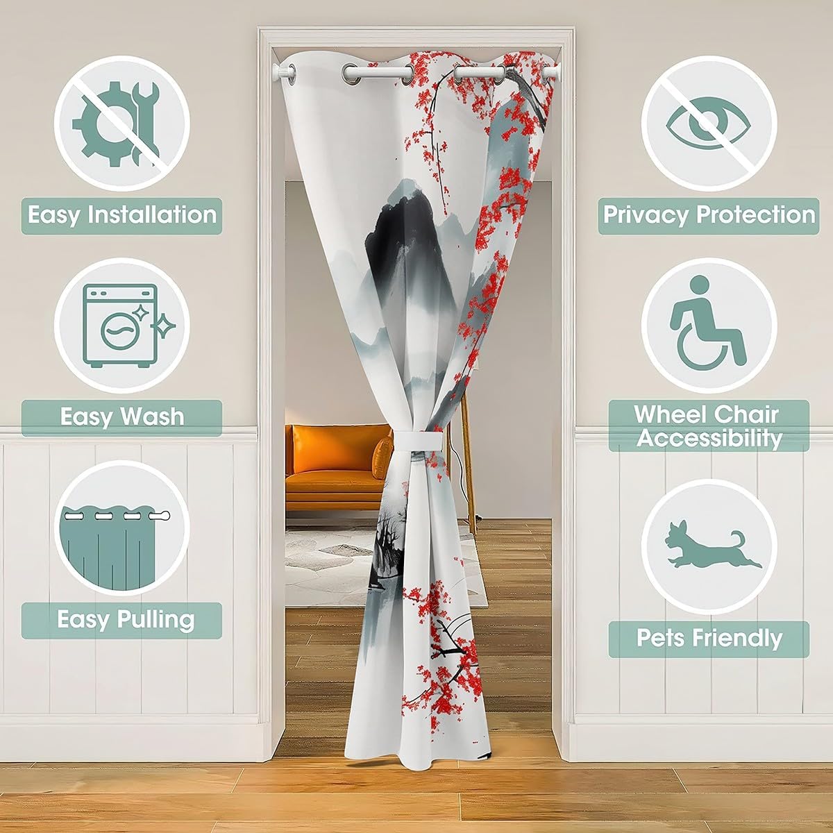 jejeloiu Japanese Style Door Curtain for Doorway Privacy 42"x80" Japanese Ukiyoe Window Treatments Home Decor Traditional Retro Theme 30%-50% Room Darkening Blackout Curtain Living Room Bedroom