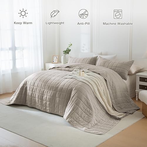 Miniatura 2 de Masaca Colcha Extragrande King de 120"x120", Juego de Edredón de Tejido Waffle de 3 Piezas Color Caqui Oscuro California King, Juego de Ropa de Cama