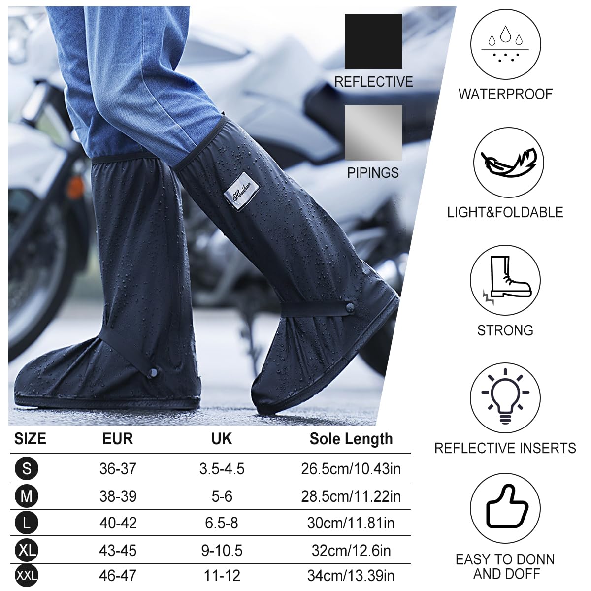 Couvre Chaussure Impermeable Hommes Femmes Lavable Bicyclette Surchaussures Impermeables Réutilisables Surchaussures Détails Réfléchissants Semelle Antidérapante Renforcée