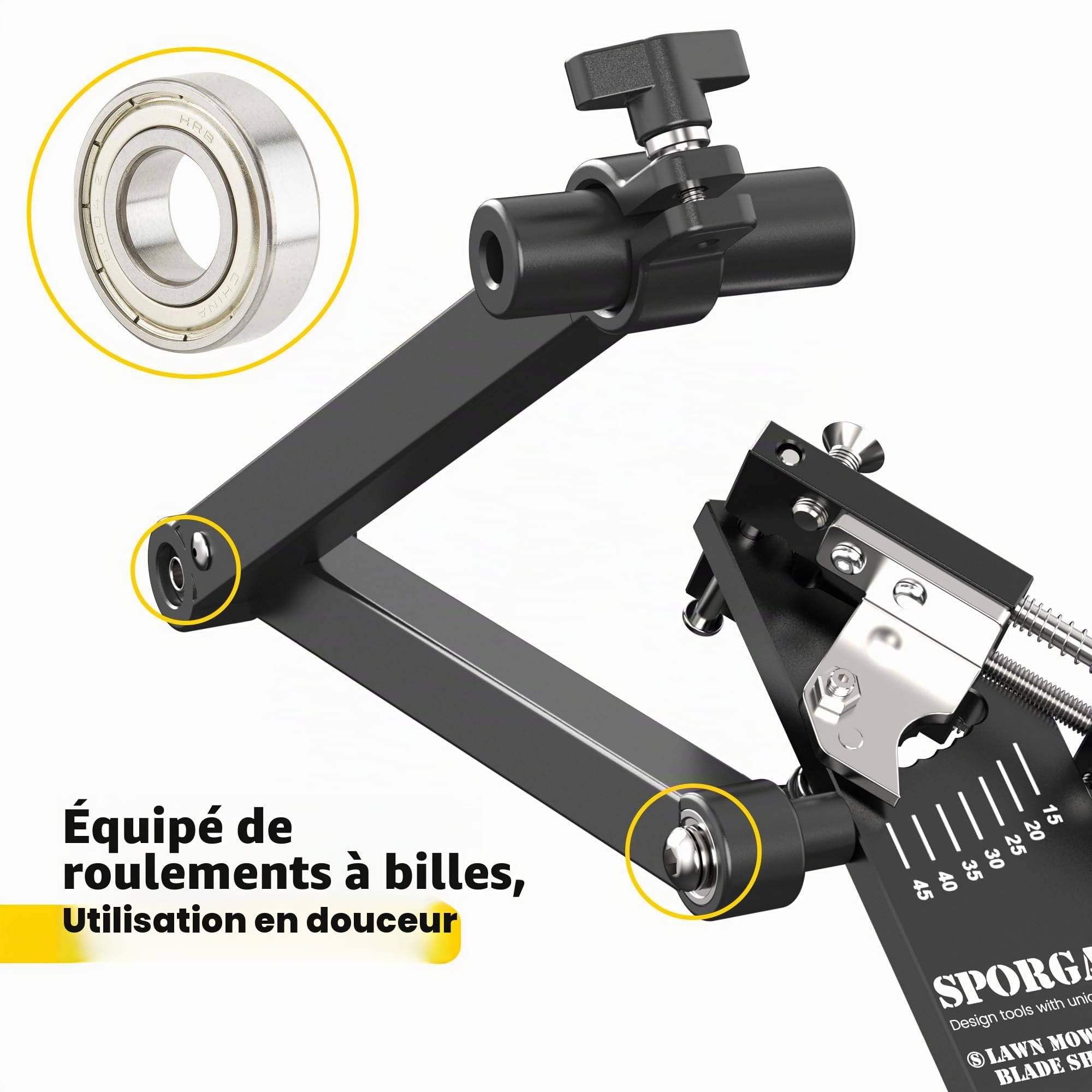 Affûteur de Lame de Tondeuse à Gazon 15° à 45°, modèle amélioré, Cadre réglable avec roulement à Billes, poignée pour Lames Droites et gauches, Compatible avec meuleuse d'angle, Noir