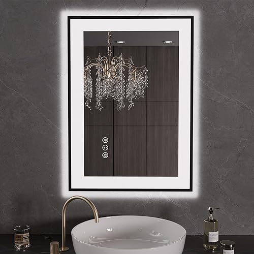 LOAAO Espejo de baño LED de 20 x 28 pulgadas, marco negro, antiniebla, regulable, espejo de tocador de baño iluminado para pared, función de