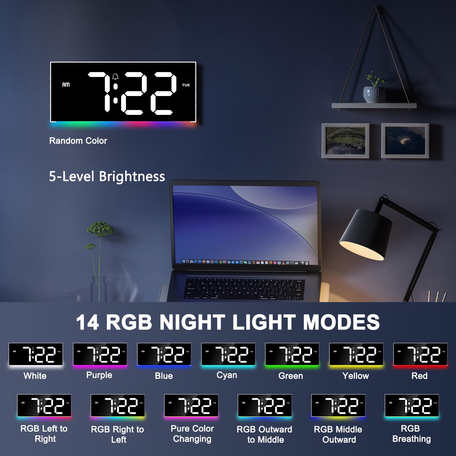 Horloge Murale, Réveil Numérique RGB Écran 12" avec Télécommande, 5 Niveaux de Luminosité, Affichage Date et Heure, Mode Nuit, Horloge Digitale pour Salon, Salle de Sport