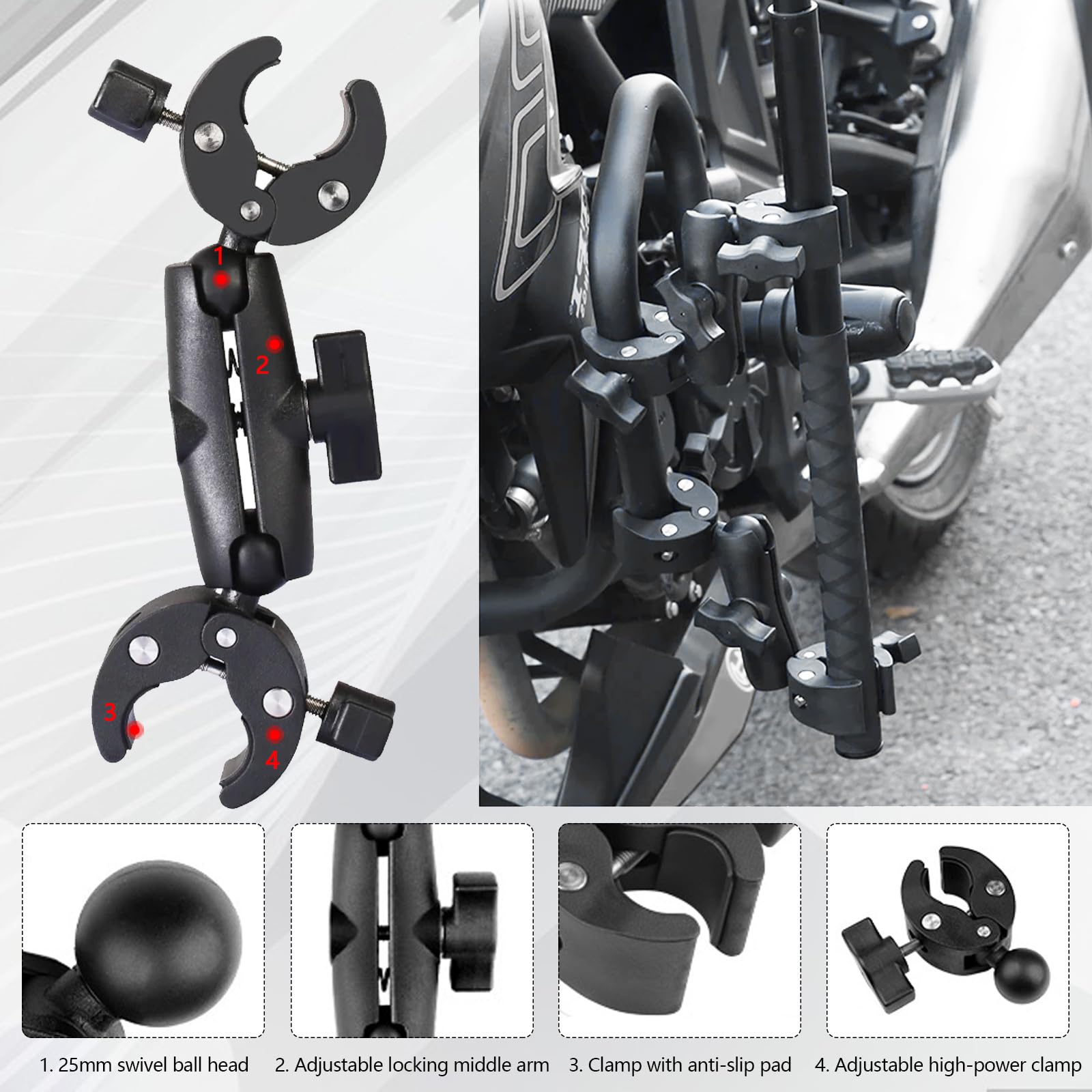 Aktionskamera-Halterung, Lenkerhalterung für Motorrad und Fahrrad, Schwarz, Kompatibel mit Insta360 X4/X3/X2/X RS/GO 3 und GoPro (13/12/11/10/9/8/7), 1/4 Zoll Schraubgewinde