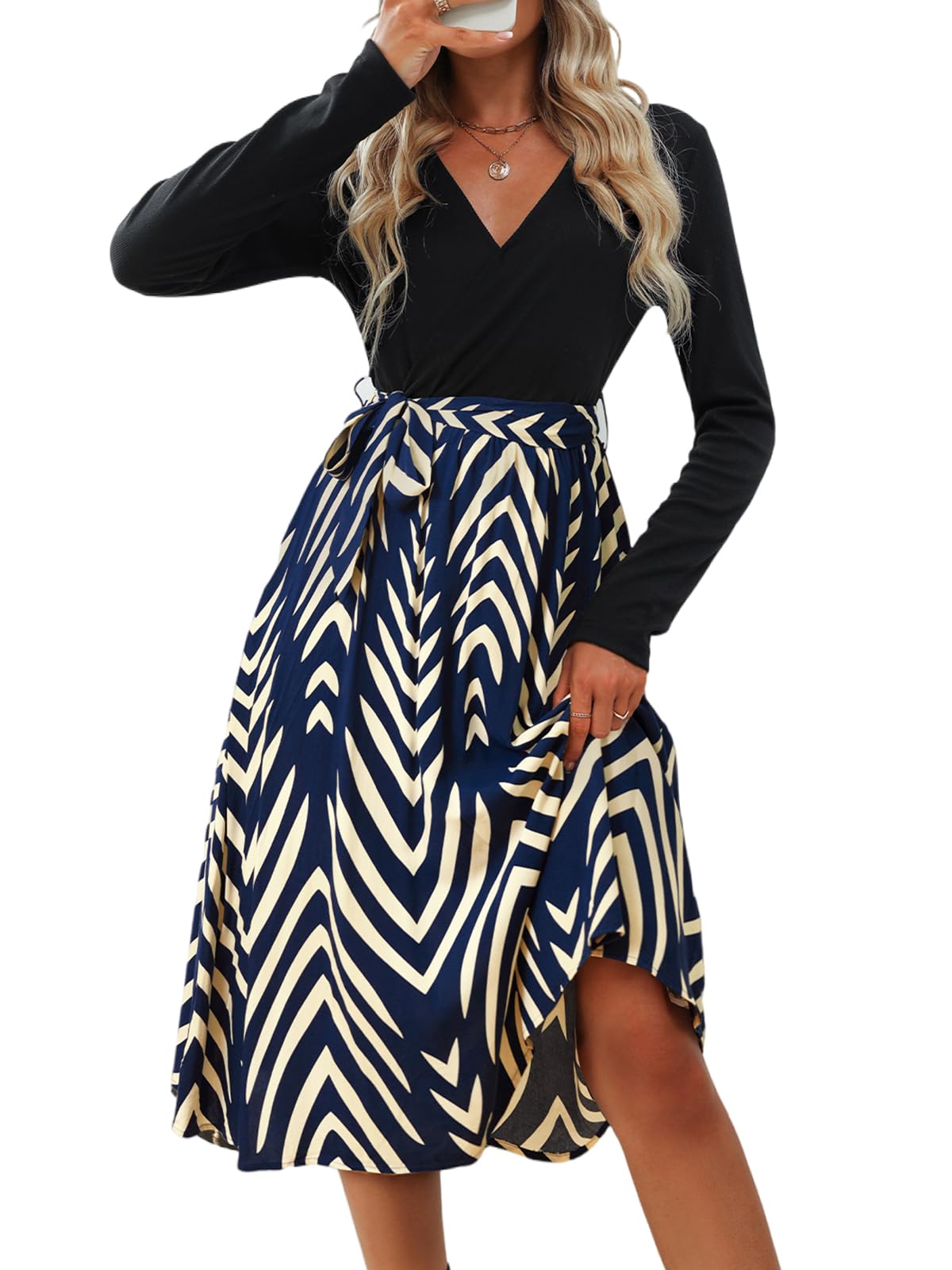CUPSHE Robe longue/mi-longue pour femme - Manches longues, col en V, ceinture à nouer, coupe trapèze - Robe patineuse décontractée pour les fêtes et les cocktails