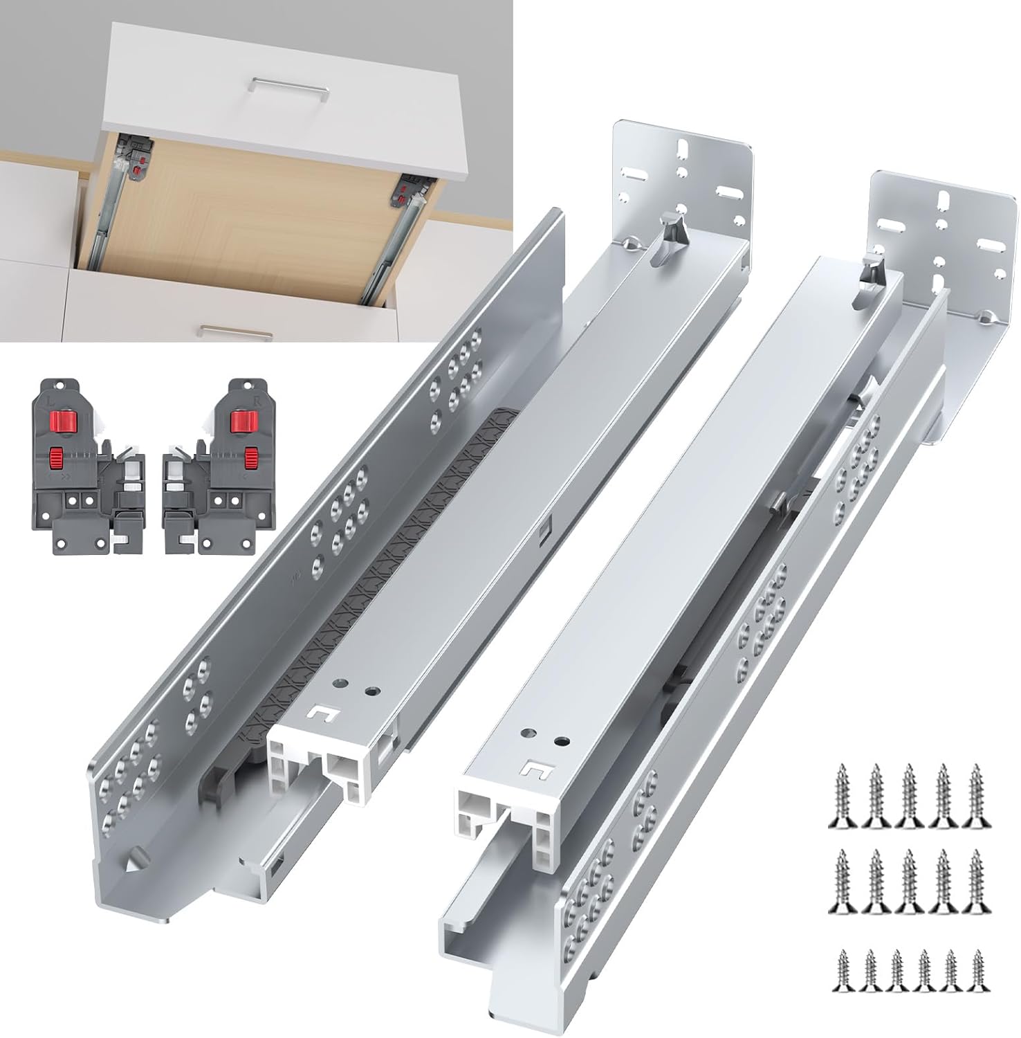 goldenwarm 1 Pair Undermount Soft Close Drawer Slides 21 Inch, Hidden Bottom Mount Full Extension Drawer Rails with Bracket & 3D Adjustable Locking Device, Heavy Duty 100 LB Capacity 21 Inch 1 pair