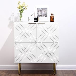 IDEALHOUSE Storage Cabinet, Modern Accent Storage with 2 Decorative Embossed Pattern Doors, Wood Buffet Cabinet with Inner Shelf, White Sideboard Cabinet for Living Room, Entryway, Kitchen, White