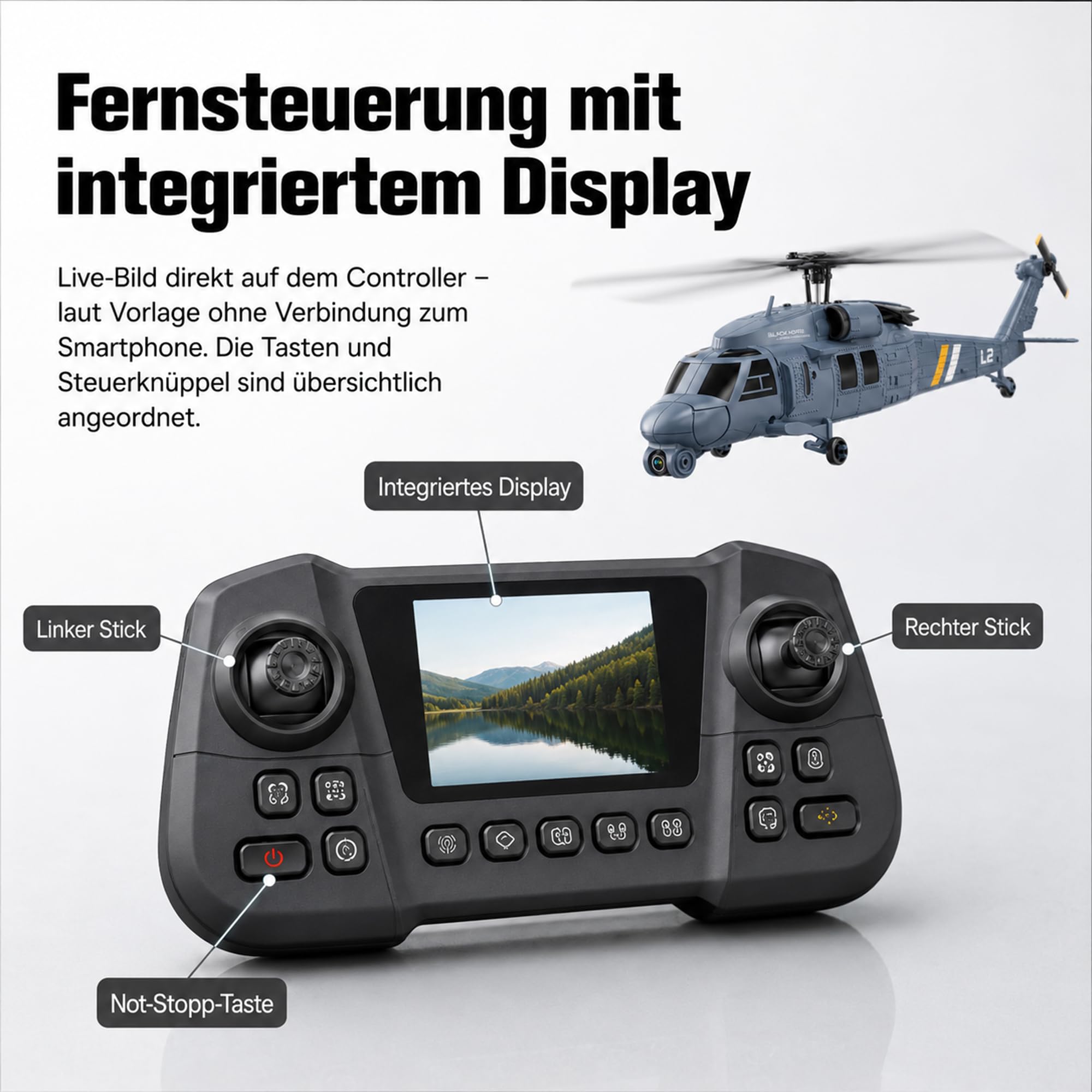 RC Helikopter Brushless 4CH mit Optical Flow, HD Display, 2 Akkus | Optical Flow, Ein-Knopf-Start/Landung, HD Display Controller, geeignet für Indoor-Flug und Erwachsene