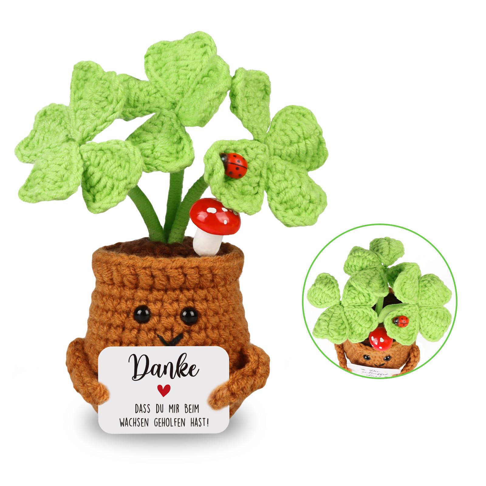 WenmthG Dankeschön Geschenke Klein Pocket Hug Positive Vierblättriges Kleeblatt Glücksbringer, Gestrickte Kleeblatt Geschenke für Freunde Kollegen und Familie, Positive Kartoffel Deutsch Ersatz