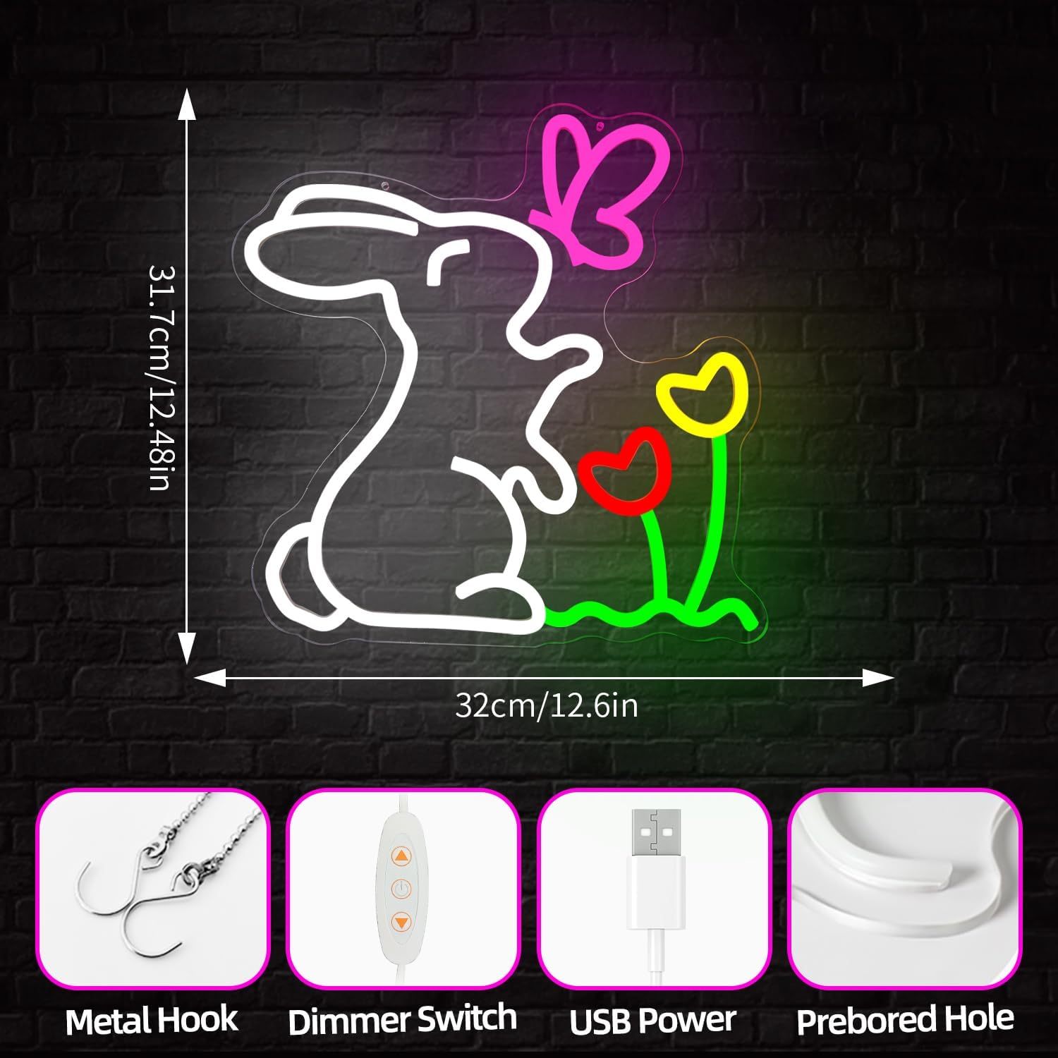 Spring Bunny & Butterfly & Tulip Flower Neon Sign Dimmable Easter Bunny Led Sign Cute Spring Rabbit Neon Light Sign Easter Window Lights Gardening Gifts