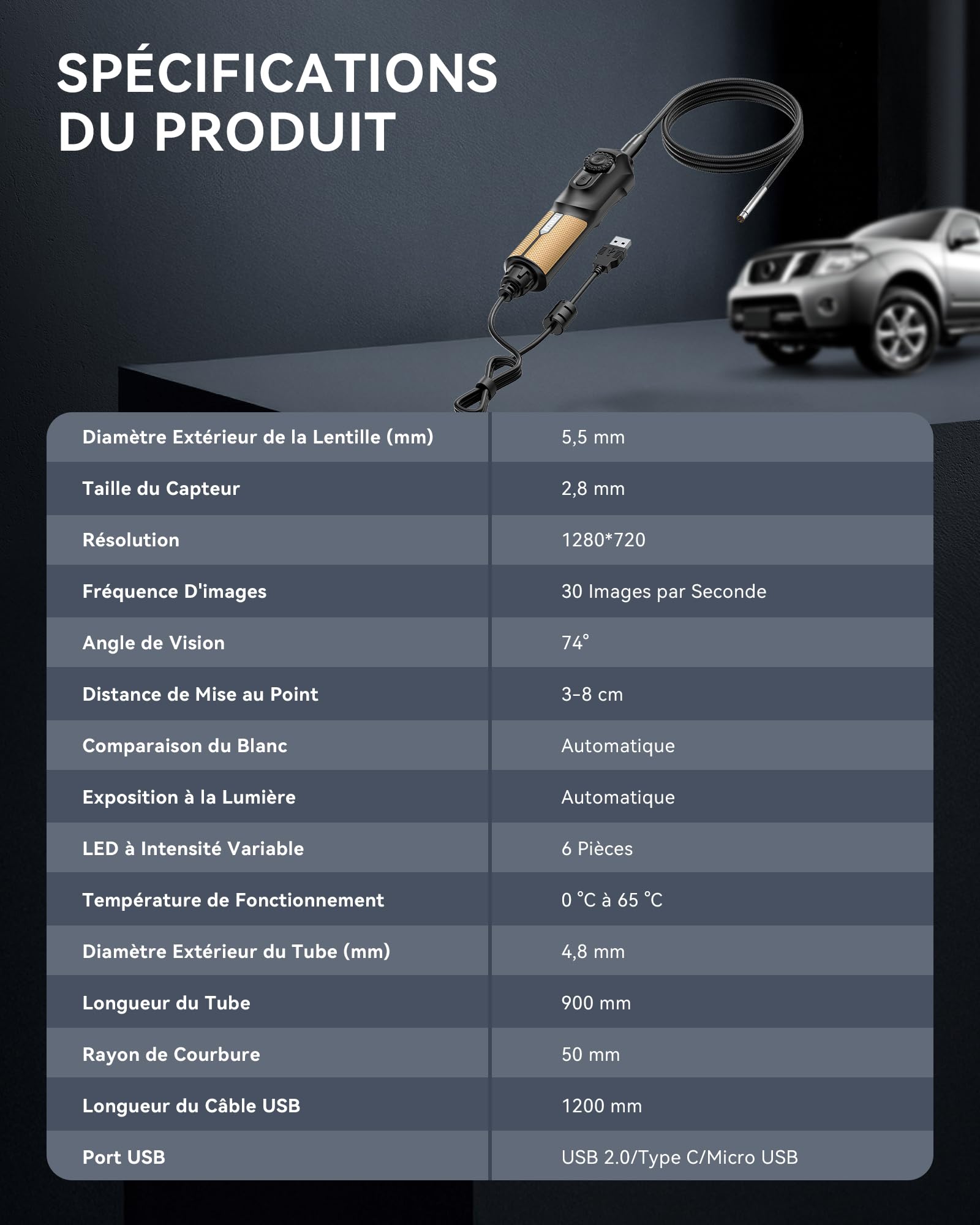 Caméra Endoscopique THINKCAR TES102 avec Éclairage, Endoscope HD de 0,21 Pouce avec 6 LED Réglables, Caméra Semi-Rigide Étanche IP67, Endoscope D'inspection avec Prise de Vue Instantanée en Un Clic