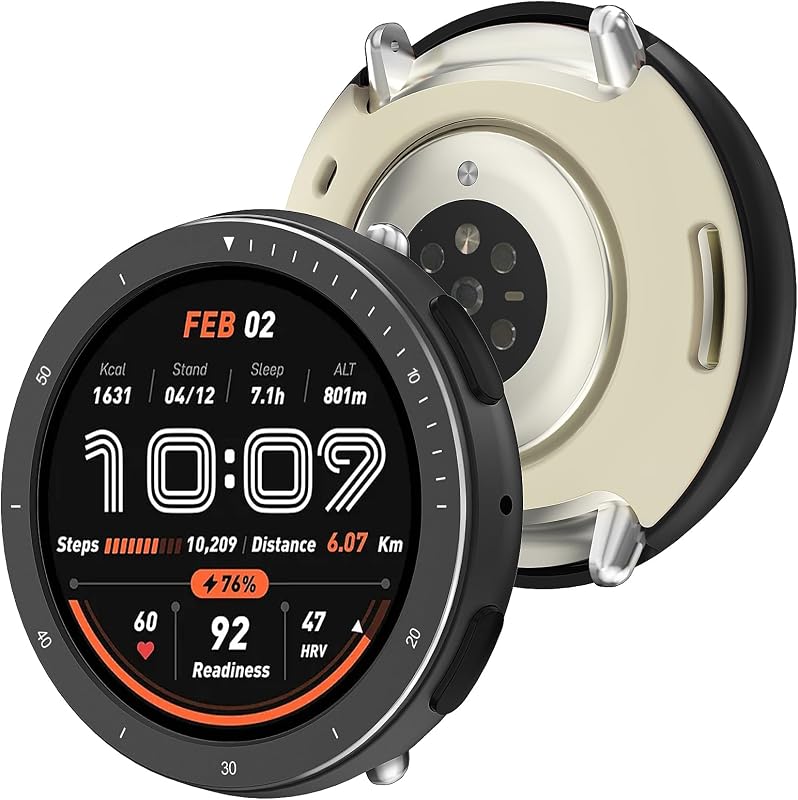 BEARDDO Funda de metal para reloj inteligente Amazfit Active 2 de 1.732 in, bisel de acero inoxidable 2 en 1 y cubierta trasera de TPU con accesorios de paño de limpieza, protector resistente a prueba de golpes para Active 2 redondo hombres mujeres negro