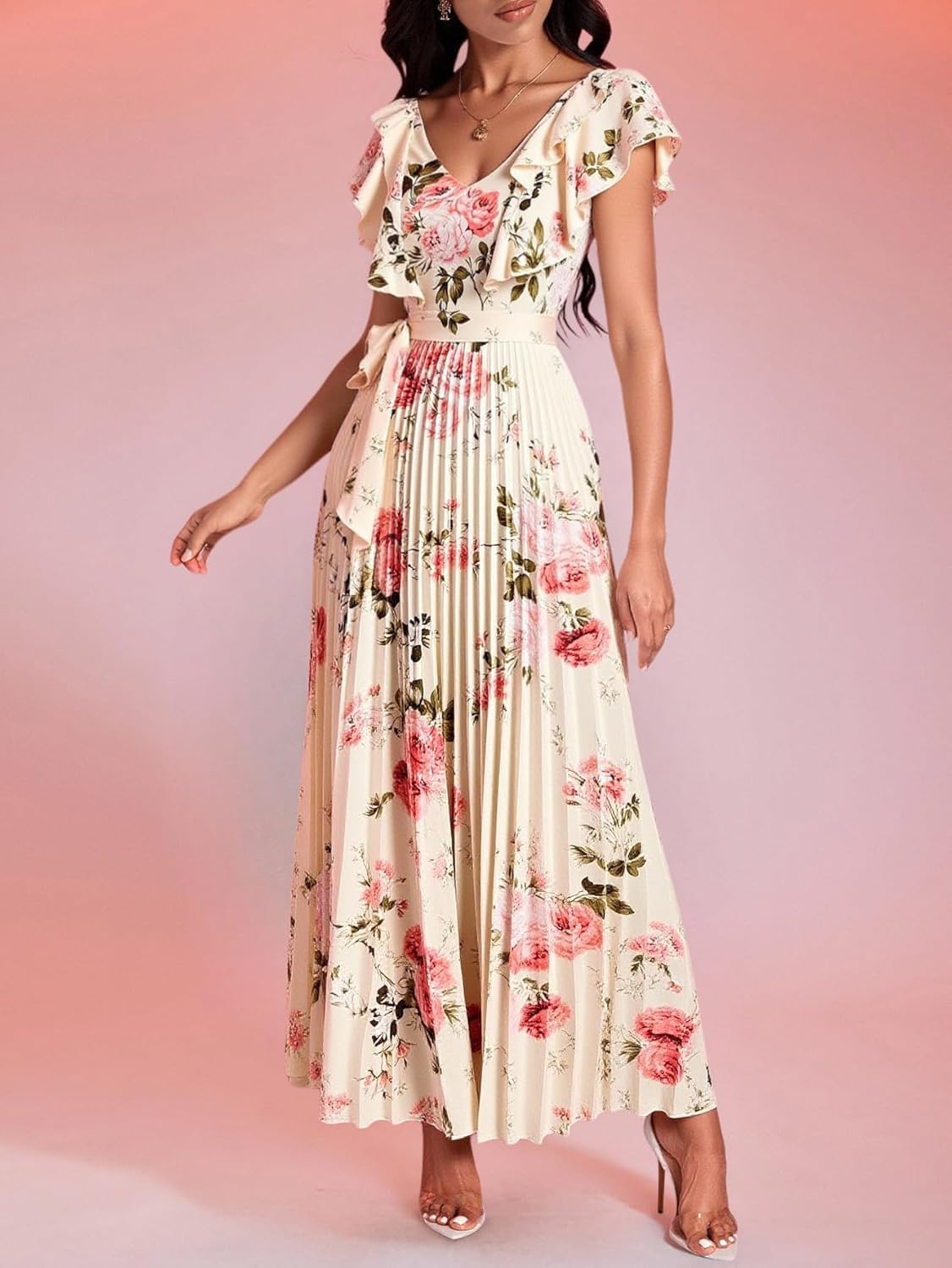 Women's Boho Floral Pleated Maxi Dress Elegant Ruffle Belted Flowy Sundress Beach Vacation Clothes - Image 3