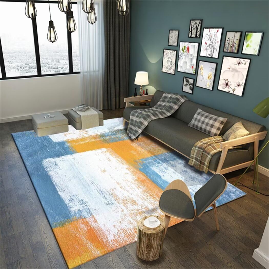 Tapis de salon bleu 180x250cm lavable à poils courts pour grand bureau et chambre d'enfant