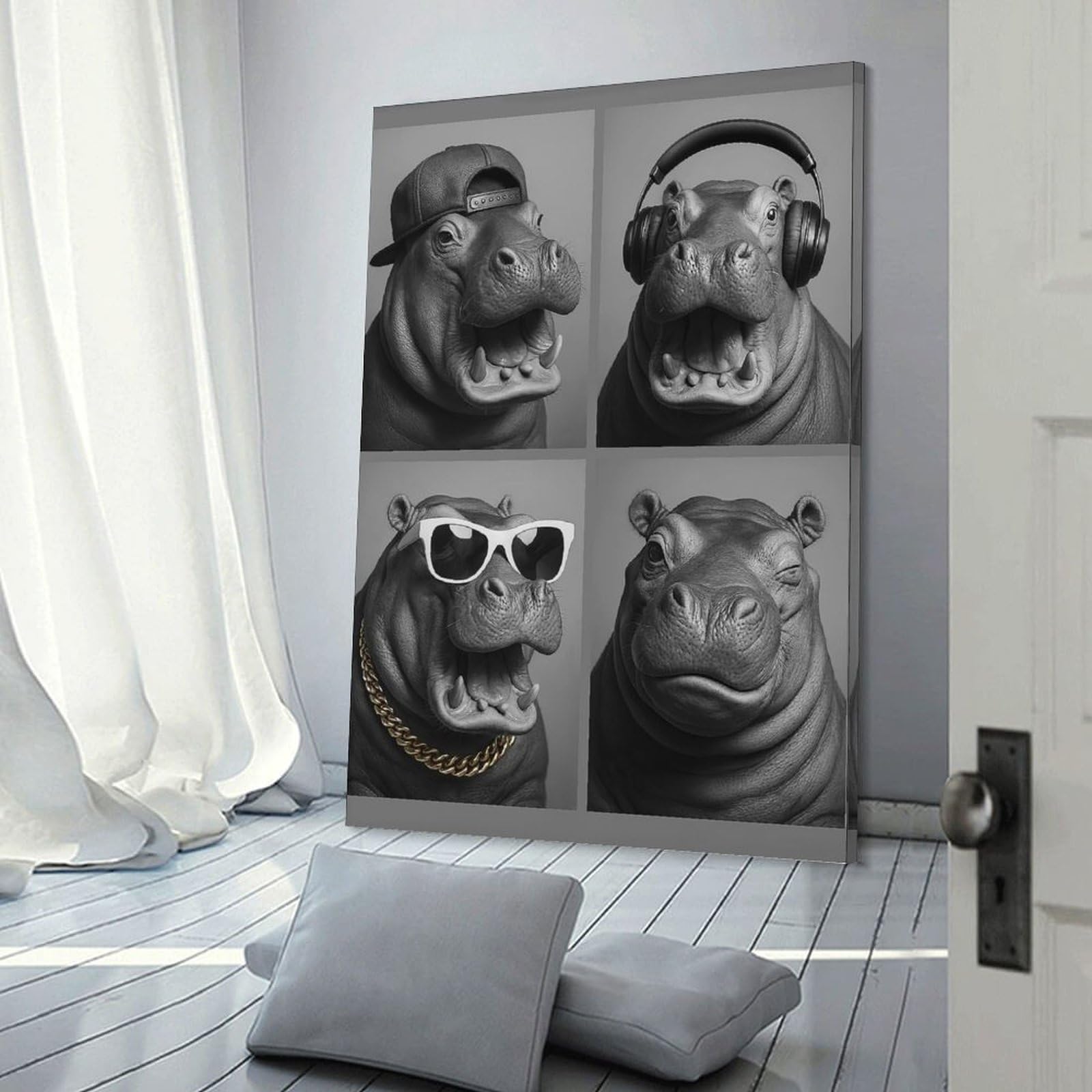 Junmoney Wall Picture Print Hip Hippos in Monochrome, 08x12inch(20x30cm), for Entrance Walls, Hall Decor Or Foyers, A Neat Decor Update for Hallways
