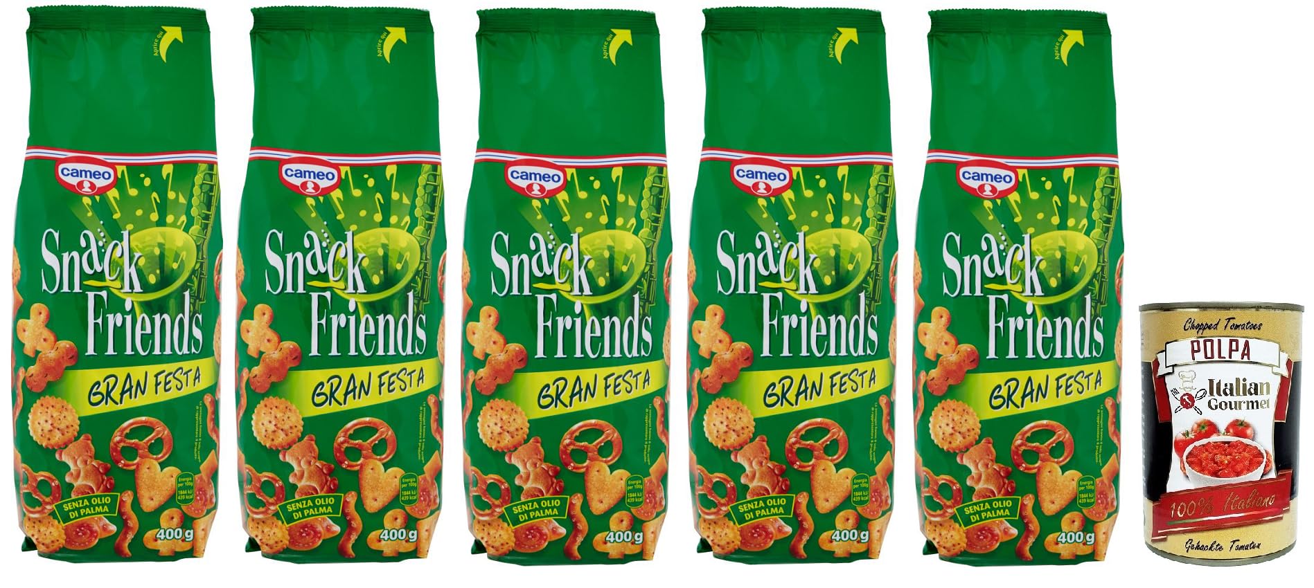 5x Cameo Snack Friends Gran Festa,Mischung aus Brezeln,Salzige Snacks 400g Beutel + Italian Gourmet Polpa di Pomodoro 400g Dose