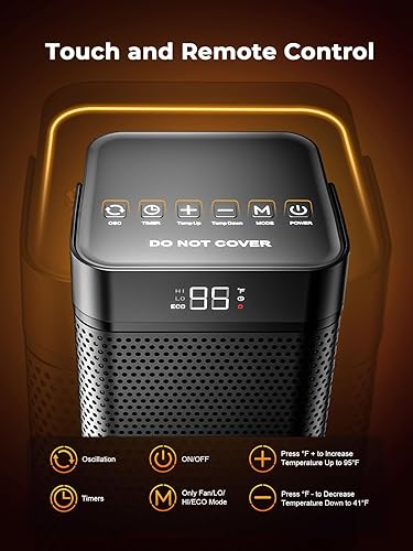 Miniatura 8 de Calentadores de espacio para uso en interiores, calentador portátil de 1500 W con control remoto y termostato, oscilación de 90, 4 modos,