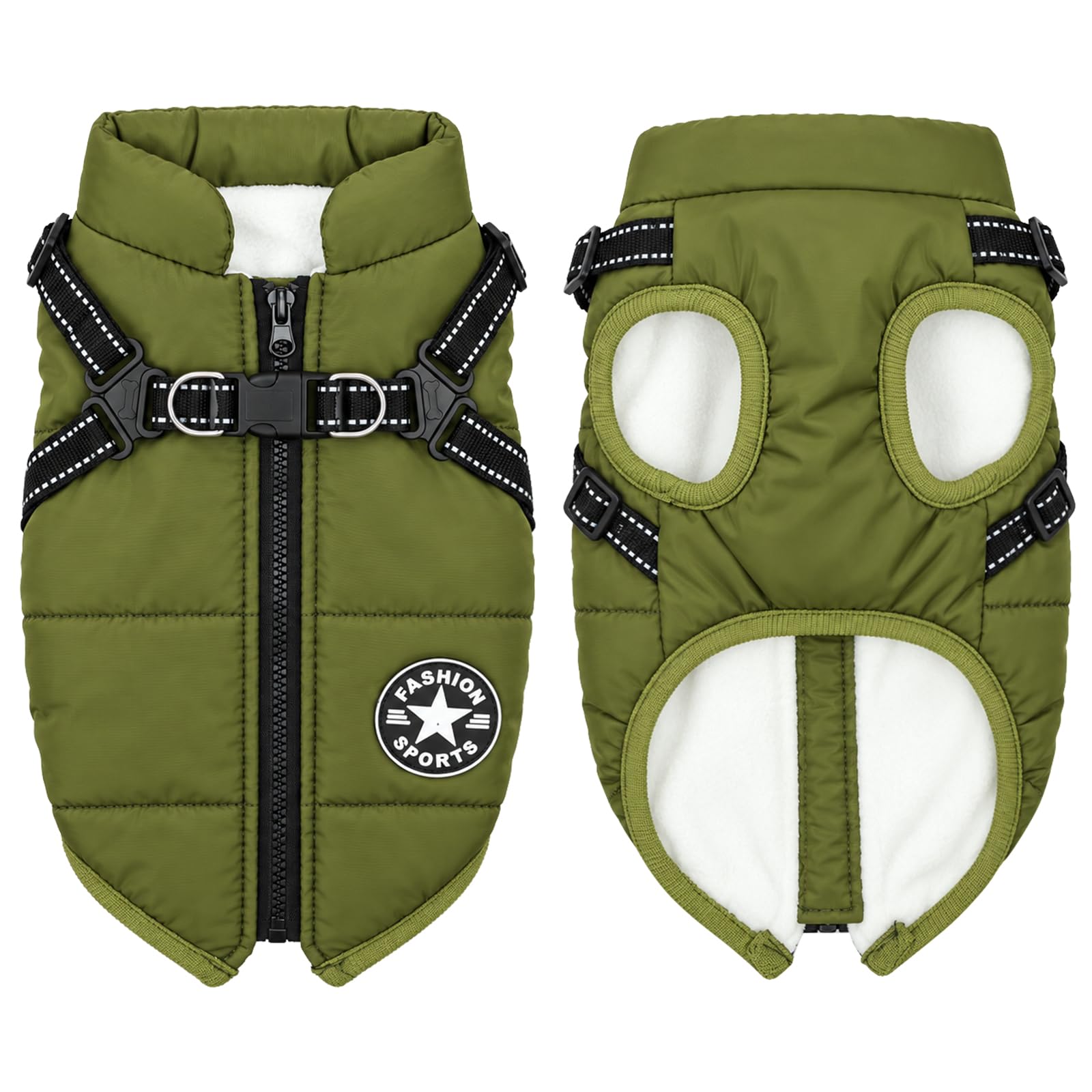 AUAUY Warm Pet Dog Coat with Harness, Waterproof Winter Dog Coat, Green-S