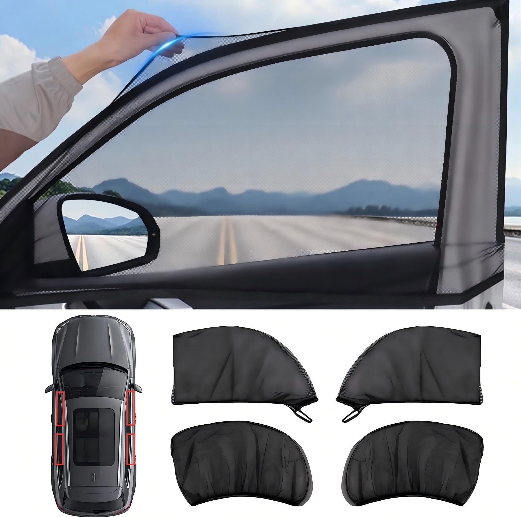 Megatwix Normal 4 Pack Elastic Mesh Car Side Window Sun Shades, Uv Protection Mosquito Bug Privacy Screen, Compatible With Sedans, Compact & Midsize Suvs, Auto Window Shield For Camping Road Trips