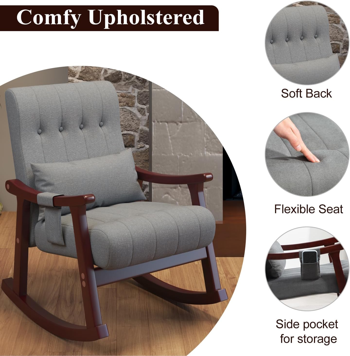 Upholstered Rocking Chair with Massage Lumbar Support,Glider Chair with Side Pocket, Nursery Rocker with High Backrest,Rubber Wood Legs, Rocking Accent Armchair for Living Room Bedroom Nursery