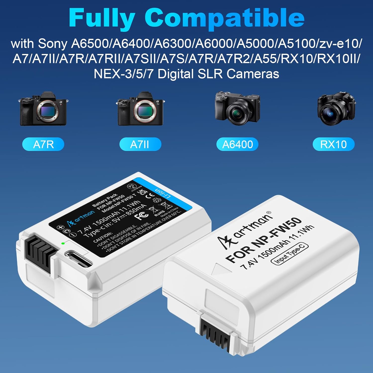 Artman NP-FW50 2-in-1 USB-C Direct Charging Battery, 2-Pack 1500mAh NP FW50 Replacement Batteries for Sony ZV-E10, NEX 3/5/7, A7, A7II, A7SII/R/RII, A6000, A6300, A6400, A6500, A5100, RX10 II Cameras