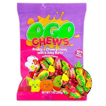 7oz OGO Mixed Fruit Chews with Juicy Burst - Variety Chewy Candy Cubes Individually Wrapped, Apple, Strawberry, Orange, Pineapple, More | Fruity Flavor Chews Assortment