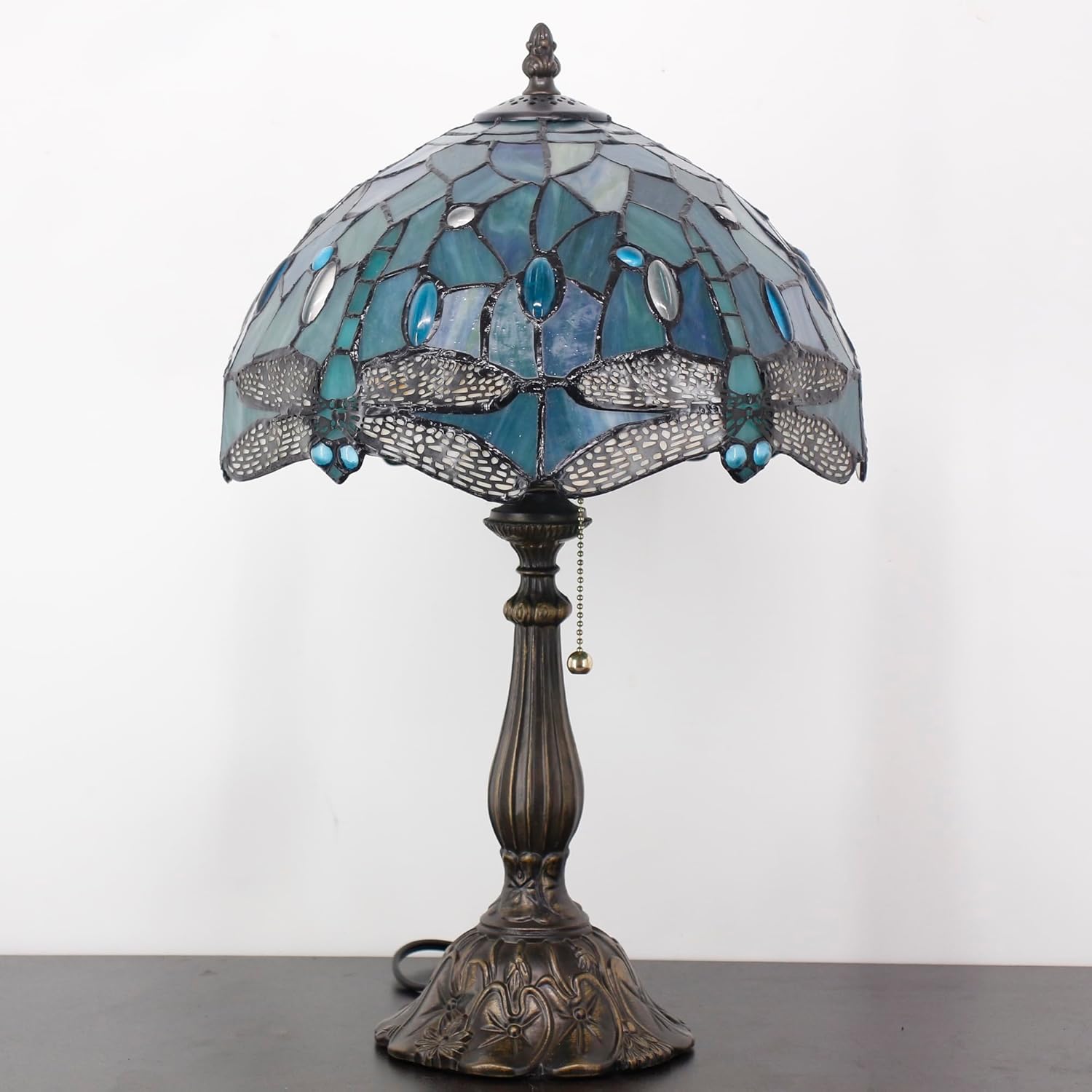 Tiffany Table Lamp Stained Glass Lamp 12X12X19 Inch Antique Reading Light (Sea Blue Dragonfly Style)