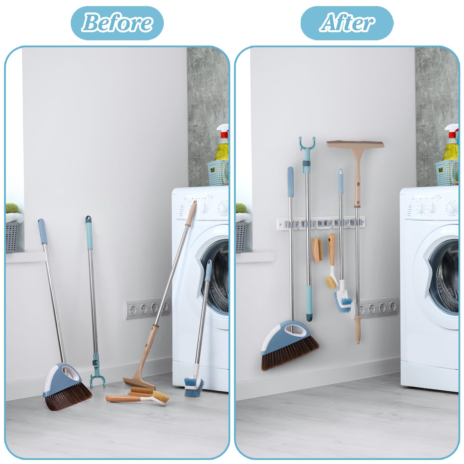 Soporte de pared para escobas, organizador de fregona y escoba de madera blanca con 5 ranuras y 4 ganchos, colgador de herramientas de jardín resistente para lavandería, armario, cocina, garaje,