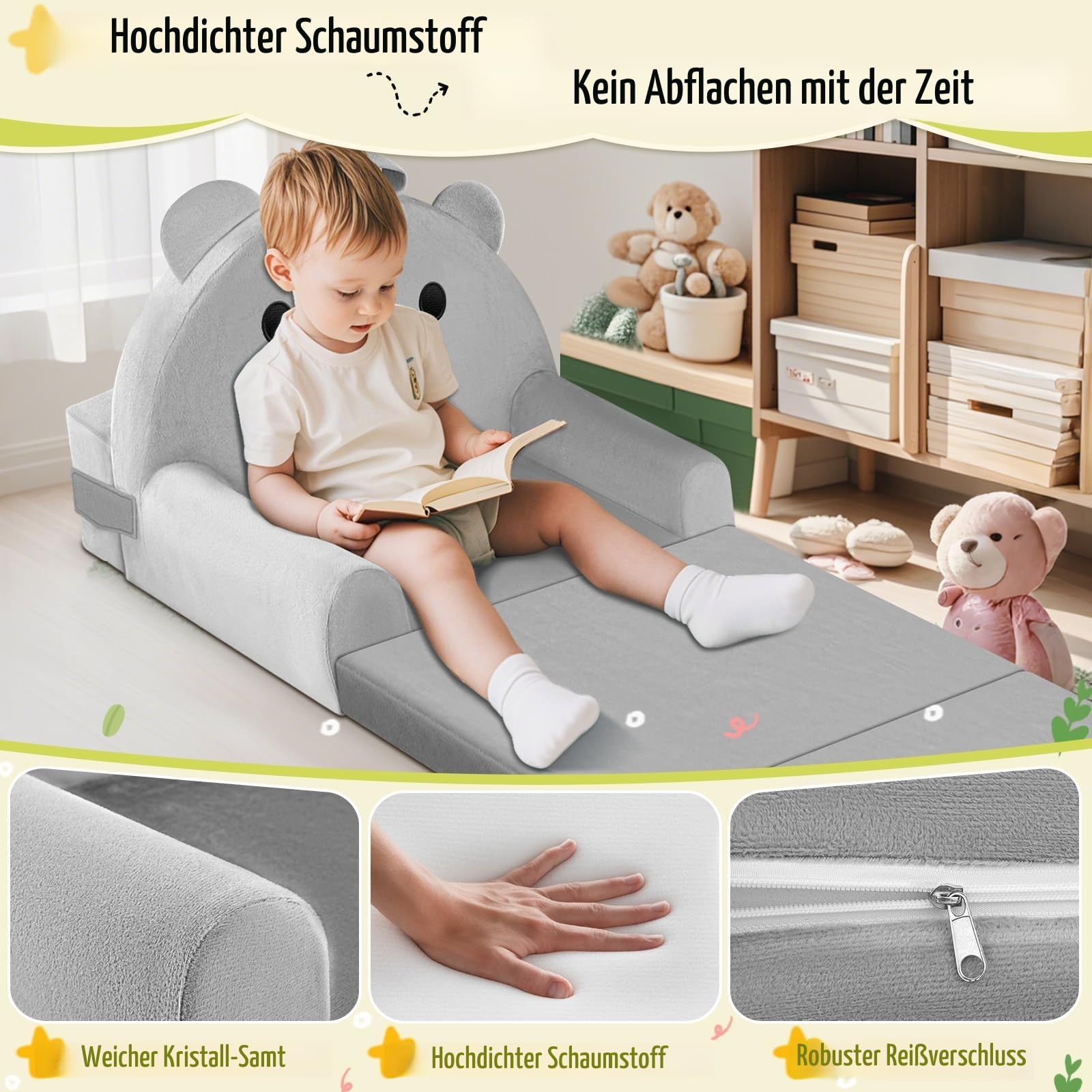 Zusammenklappbarer Kleinkindstuhl, Bett, Kindersofa, Aufklappen 2 in 1 Mini Couch, Wweiches Kristall Samt Kleinkinder Spielsofa für Schlafzimmer Wohnzimmer, Spielzimmer