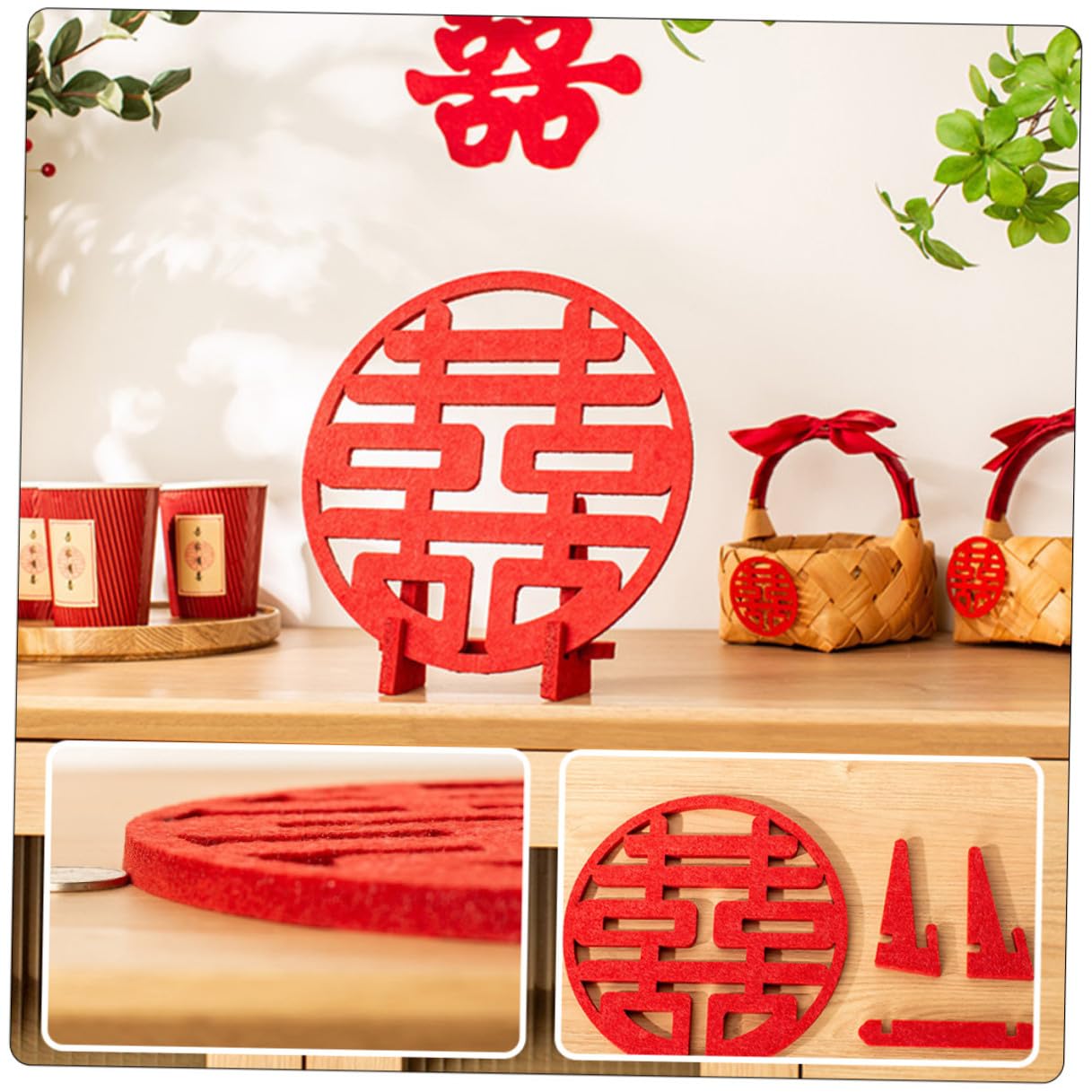 Decoración Tradicional China Doble Felicidad para Boda, Adorno de Fieltro Rojo de 1 Pieza, Símbolo Romántico para Decoración de Sala y Fiesta Nupcial