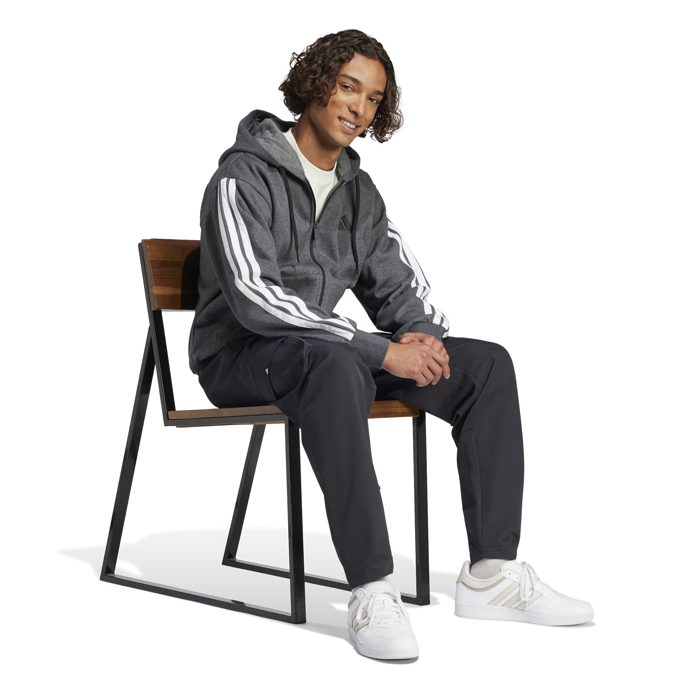 adidas Mezczyzni Essential Three Stripes Fleece Zipper Hoodie Sweatshirt, dark grey heather/black, S