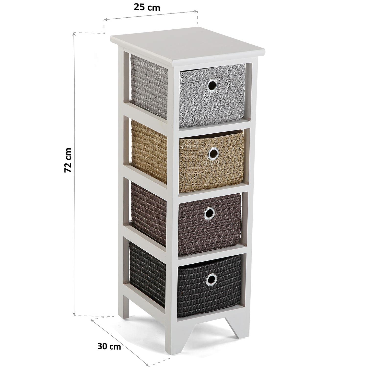 Versa Lingbo Mueble para el Baño Auxiliar, Cajonera con 4 cajones para organizar, Almacenaje Moderno y Divertido, Medidas (Al x L x An) 72 x 30 x 25 cm, Madera y Plástico, Color Blanco